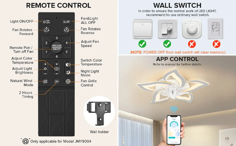 Ceiling Fans with Lights and Remote  Ceiling Light with Fan 3 Colors 6 Wind Levels, White