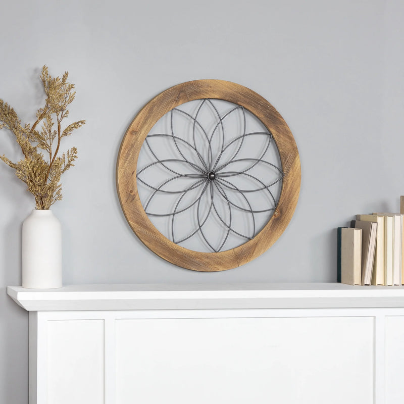 Modern Farmhouse Brown round Wood and Metal Medallion Wall Decor