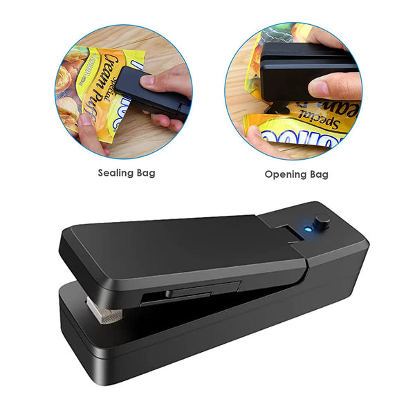 Mini Bag Sealer, 2 in 1USB Rechargeable Heat Sealer and Cutter,Food Sealer Portable Chip Bag Resealer Machine for Plastic Bags Food Snack Storage, Black