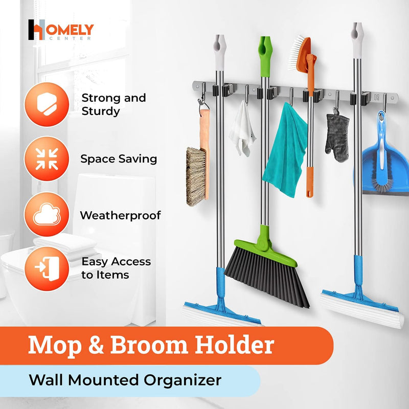 EXTENDED Mop Broom Holder Wall Mount, Stainless Steel Broom Hanger Wall Mount, Non Slip Broom Mop Holder Wall Mounted, Heavy Duty Mop Broom Organizer Wall Mount, Hanging Broom Hook Self Adhesive