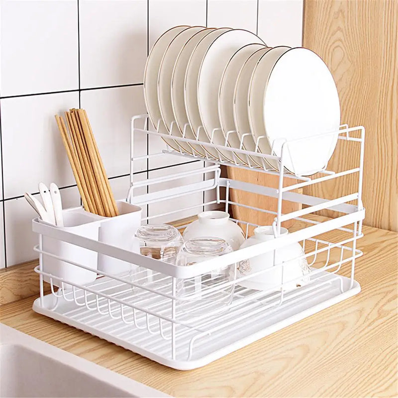 Dish Drying Rack Drainer Storage Rack 2 Layers Iron Tableware Organizer Kitchen Tools for Bowl Dishes Chopsticks