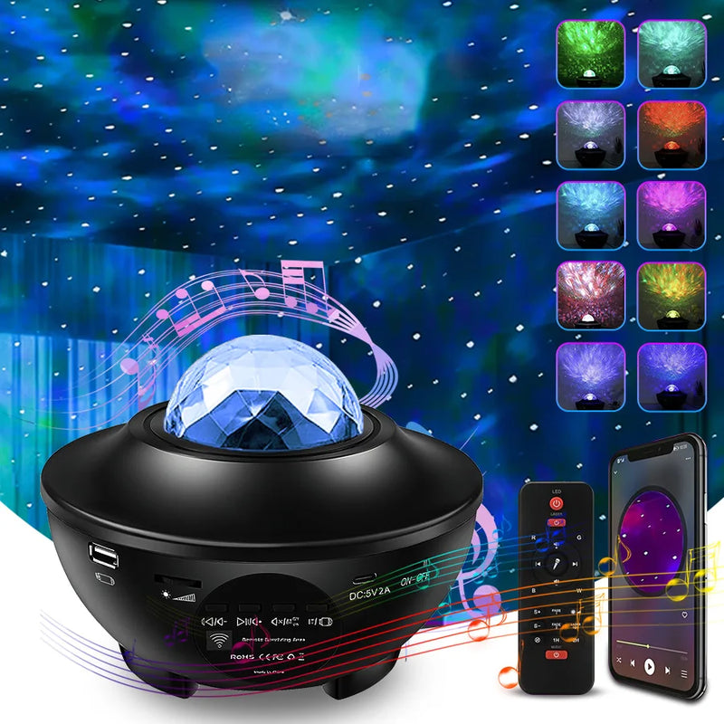 Star Projector, Ocean Wave Projector Night Light with Wireless Speaker, Timer and Remote, Music Sync Party Light for Bedroom Bar