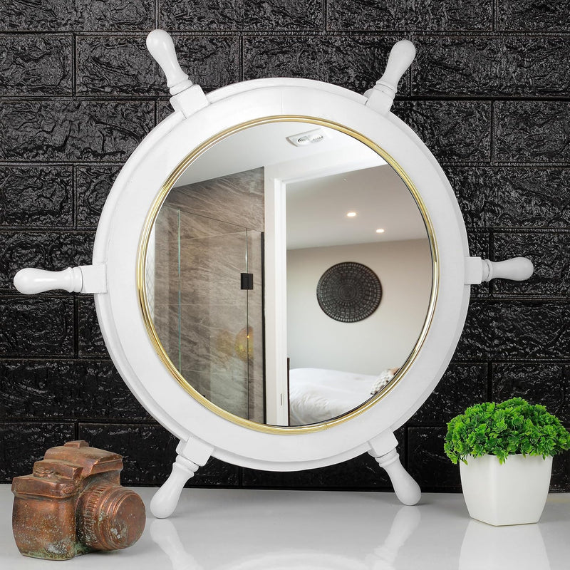 Classic White Kauffman Large Nautical Mirror Ship Wheel Circumferenced with Brass Ring | Wall Mounted Mirrors (16 Inches)