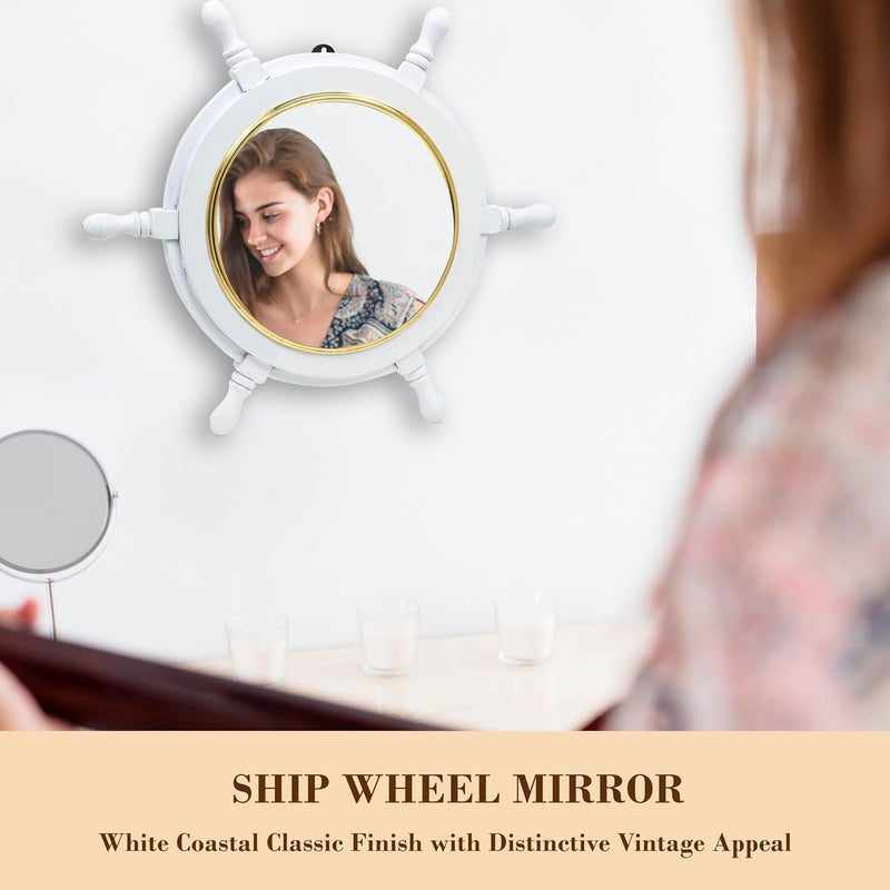 Classic White Kauffman Large Nautical Mirror Ship Wheel Circumferenced with Brass Ring | Wall Mounted Mirrors (16 Inches)