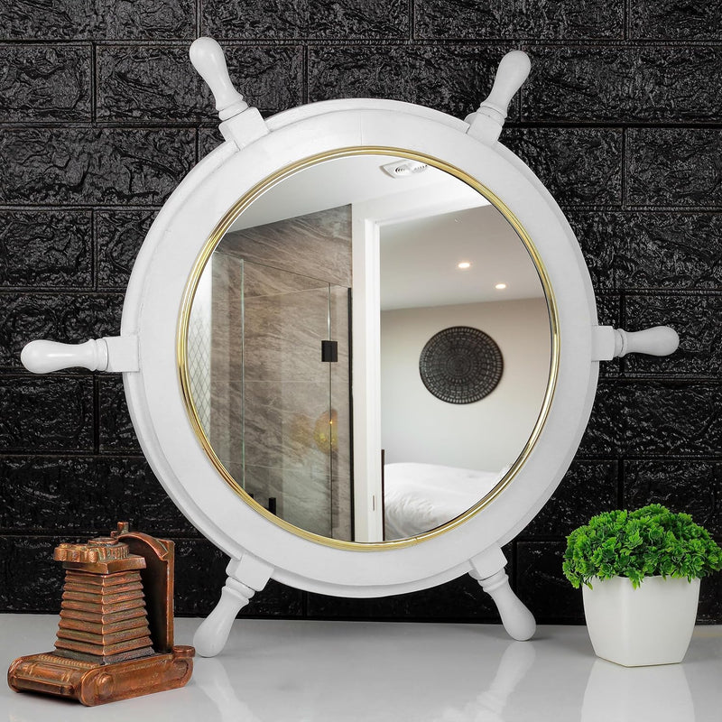 Classic White Kauffman Large Nautical Mirror Ship Wheel Circumferenced with Brass Ring | Wall Mounted Mirrors (16 Inches)